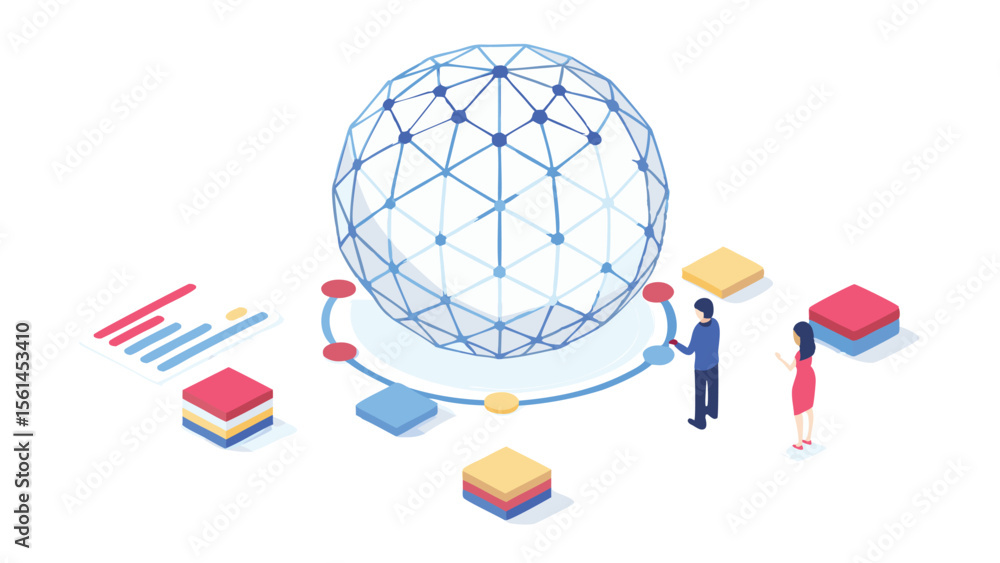 Poster isometric illustration of a global network with people and data visualizations around it
