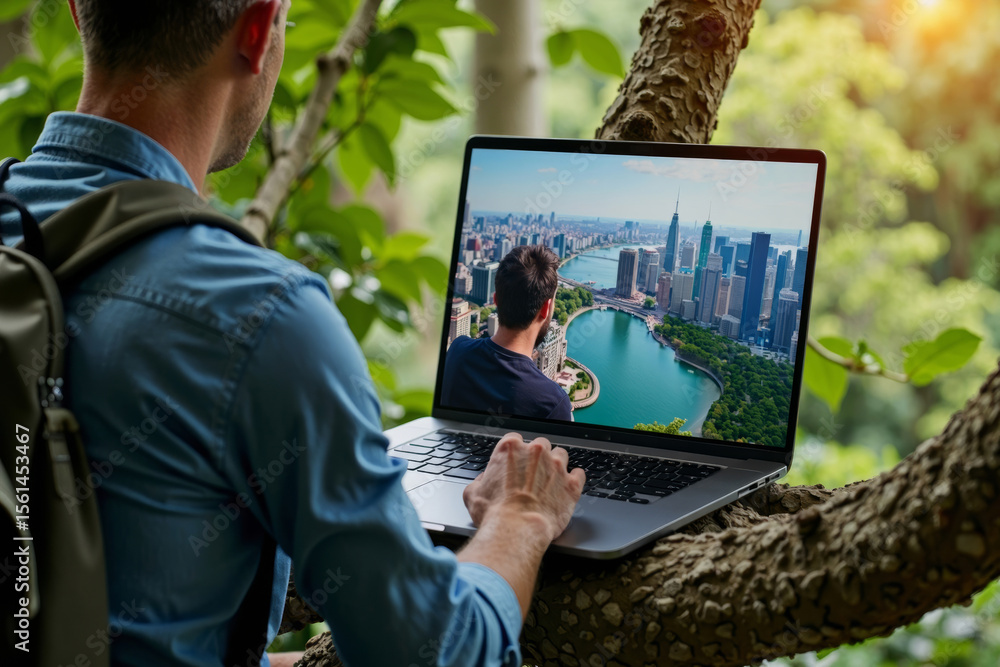Poster man in forest with virtual city background participating in online group videoconference