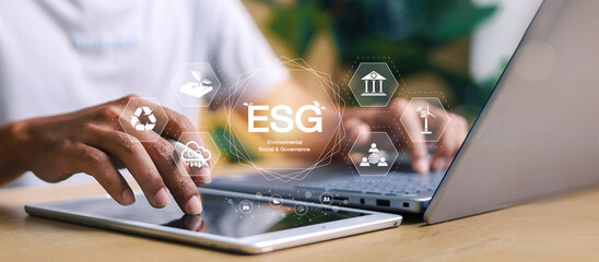 ESG icons representing environmental, social, and governance principles. Concept of sustainable finance and corporate responsibility.