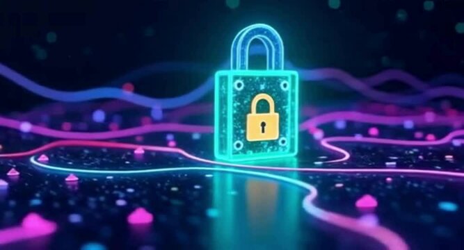 Digital Lock on Neon Circuit Board Background with Purple Blue Lines