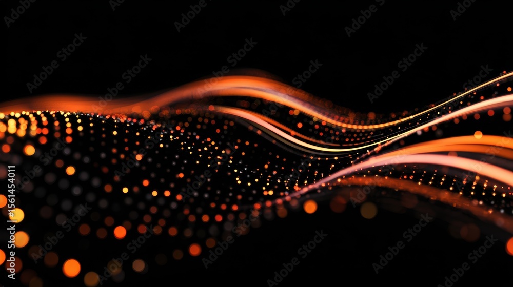 Poster abstract flowing lines of orange and yellow dots on a black background, creating a dynamic visual ef