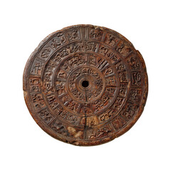 Naklejka premium Ancient Chinese Carved Wooden Disc with Zodiac and Calendar Symbols