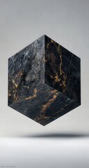 A dark, cube-shaped object with a textured surface of black and gold veining, seemingly floating against a light gray background