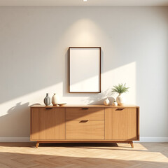 frame mockup for dining room wall art in pastel tones mid-century modern design 3d render textured plaster wall above buffet as blank canvas stylish interior decoration home decor ideas