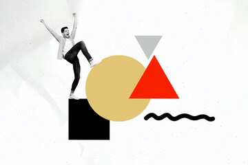 Poster trend sketch 3D photo collage of young man excited walk ball triangle combination shapes...