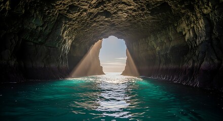 As sunlight bursts through the entrance of a rugged cave, a shaft of light illuminates the turquoise waters below, evoking an otherworldly sense of tranquility and natural wonder.