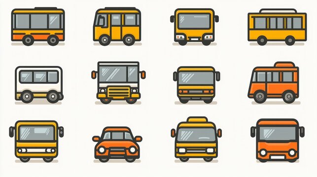 Collection of various bus and car icons in a grid.  Simple line art style, with different colors and types.  Front views only - Powered by Adobe