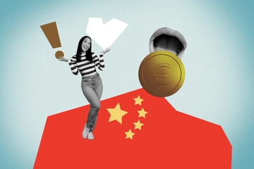Trend artwork composite banner photo collage of young lady smile stand china mouth hold coin euro...