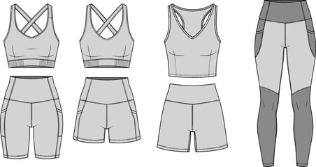 Activewear sports bra, leggings, biker shorts flat sketch, technical fashion cad drawing, athletic fitness wear vector front and back illustration
