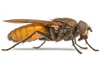 Close-up of a fly, side view, against white