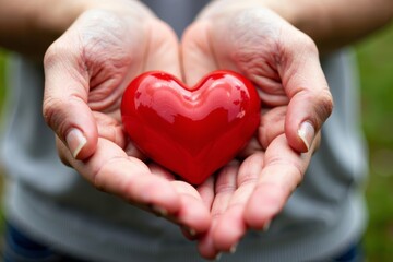 Fototapeta premium Detailed Shot of Hands Holding Tiny Heart Emoji Symbol.