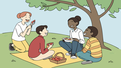 A group of friends enjoying a picnic under a tree with food and drinks on a sunny day outdoors