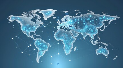 Digital World Map with Interconnected Nodes and Luminous Lines Forming an Abstract Visualization of Global Network Infrastructure and Virtual Interaction