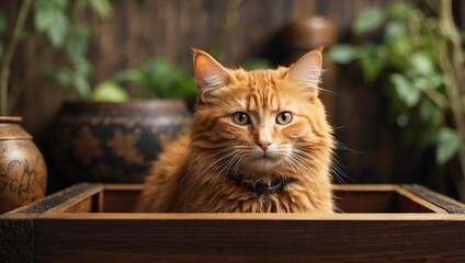 Surprised Feline Hides in Rustic Crate
