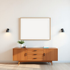 blank canvas mockup in a dining room stylish frame display for home decor versatile wall art scene with textured plaster in soothing pastel tones evoking a mid-century modern ambiance 3D render design