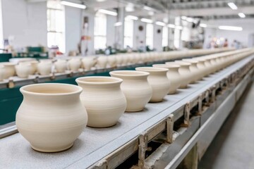 Many identical ceramic pots on a conveyor belt, in a brightly lit factory setting.
