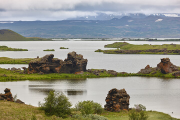 Basalt formations into the lake in Myvatn area. Icelandic landscape