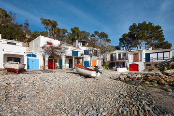 Picturesque colorful mediterranean shoreline in Girona. Salguer cove. Fisherman houses