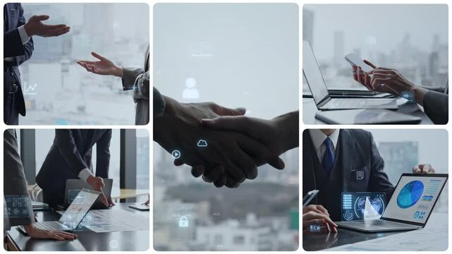 様々なビジネスシーンのコラージュ映像とデジタルテクノロジーのコンセプト