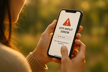 Young woman holding receiving digital error message for incorrect OTP entry, symbolizing secure login failure and mobile verification issues, OTP error, mobile verification, login failure, incorrect 
