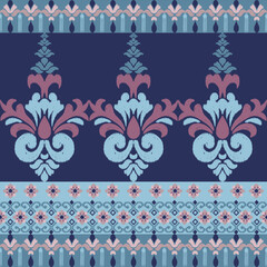 Ikat flower  in blue-pink tone , Motif ethnic floral seamless textil, embroidery, print striped ornament floral, pattern, design for wrapping, silk, scarf, background, textile