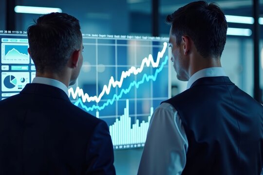 Business professionals examining holographic financial graph projection from aerial view on transparent futuristic screen - Powered by Adobe