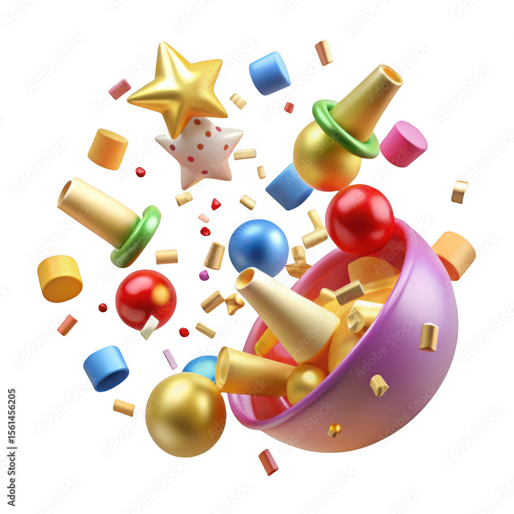 Poster colorful 3d abstract shapes exploding from bowl isolated on transparent background