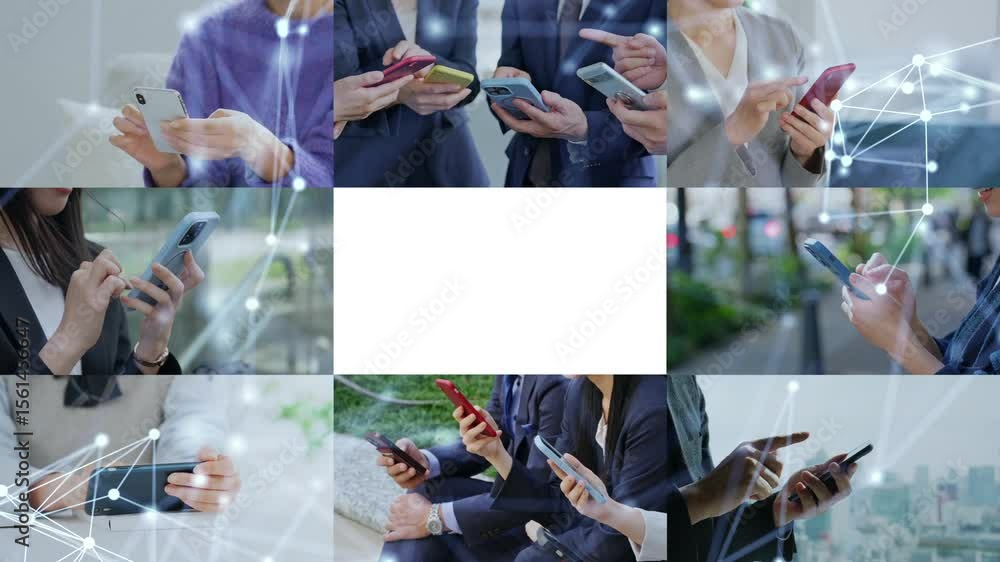 Poster collage of various people using smartphones and communication network concept