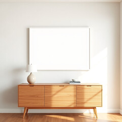 blank canvas mockup in stylish dining room modern interior design frame mockup for wall art aesthetic pastel plaster wall texture mid-century modern vibes creative display ideas for home decor