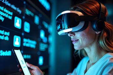 Futuristic Photo Concept: Person Using Virtual Reality Headset to Safely Conduct Secure Online Banking Transactions