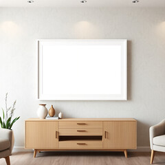 blank canvas mockup in a stylish dining room elegant frame mockup showcasing wall art above a buffet beautifully textured plaster wall with pastel tones mid-century modern aesthetic 3d rendering for i