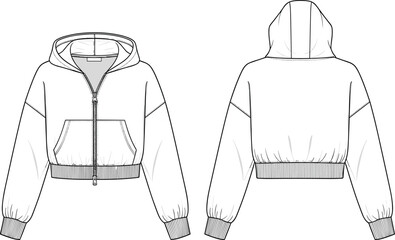 Cropped hoodie flat sketch front and back, technical fashion CAD drawing, vector template, zip-up sweatshirt design, garment apparel illustration