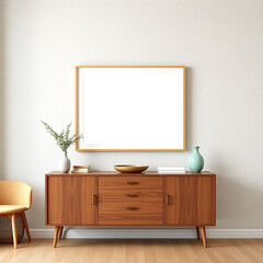 frame mockup for artwork in dining room modern interior design with textured plaster wall in pastel colors 3d render modern aesthetic empty picture frame for wall decor display mid-century style