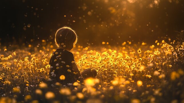 A child sits in a field of wildflowers at sunset, surrounded by golden light and shimmering dust particles.