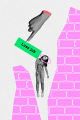 3D collage design composite trend of hand gesture finger point lose job young lady. hang crack...