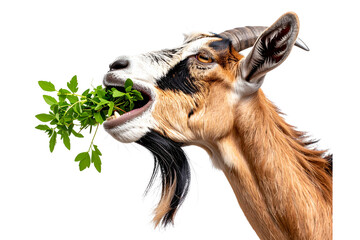 Goat Eating Green Leaves with Chewing Motion, Side Profile View, isolated on a transparent background