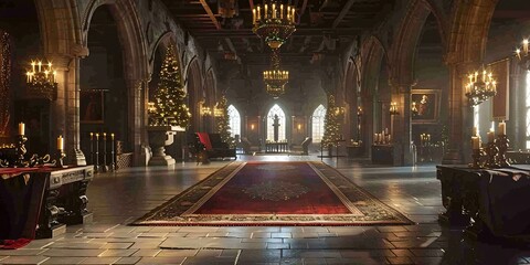 A grand hall with christmas trees and chandeliers in a luxurious mansion