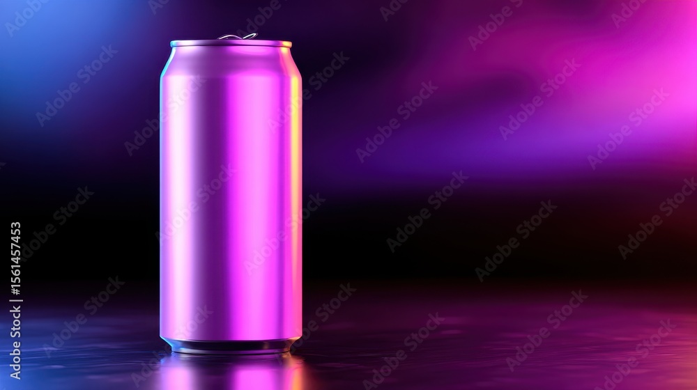 Poster a vibrant, illuminated can on a reflective surface with a colorful gradient background