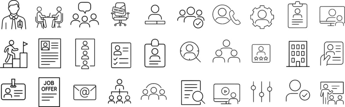 Job Recruitment Stroke Icon Collection. Featuring Resume, Interview, Offer Letter, Employee, and HR symbols. Editable Outline icons for career and workplace visuals.