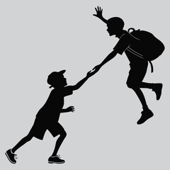 Boy reaching into backpack silhouette vector design art and illustration