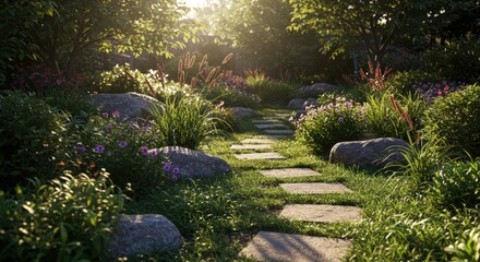 Stone pathway winding through natural garden with purple flowers and green foliage. Peaceful landscaping with stepping stones and lush plants. Landscaping services, garden design, outdoor decor sale