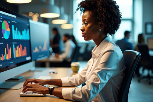 Modern and dynamic photo shoot showcasing a stylish African American business data analyst in a sleek office setting, surrounded by vibrant data visualizations.