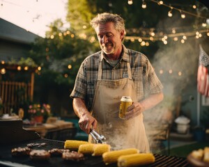 Festive BBQ scene: man in apron flipping burgers and holding a beer beside a smoking grill. Golden hour light, backyard lanterns, and patriotic details create a cozy holiday vibe