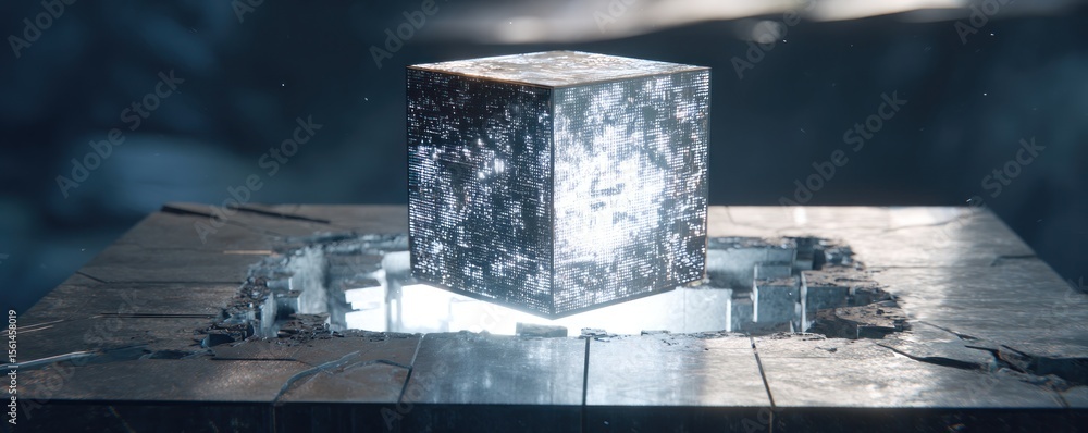 Poster a glowing cube hovering above a cracked surface with bright light emanating from underneath it all a