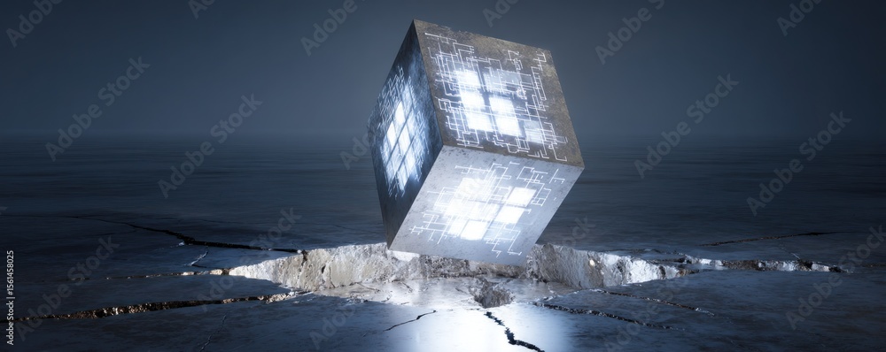 Poster a glowing cube with circuit patterns hovers over a cracked surface in a futuristic environment scene