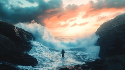 A solitary figure stands on a rocky shore, silhouetted against a dramatic seascape. The waves crash against the rocks in the foreground, while a vibrant sunset illuminates the sky in the background.