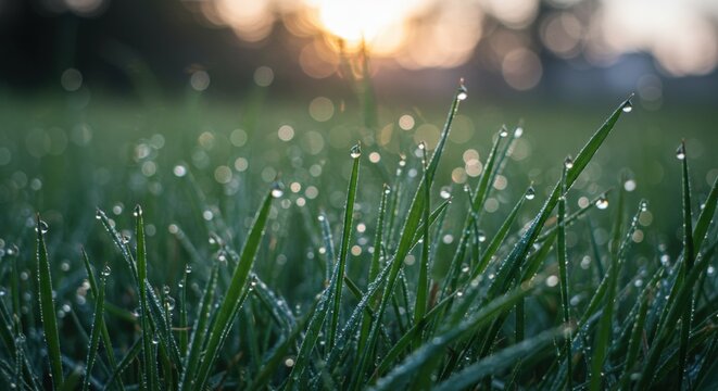 Green grass sunrise water droplets golden light natural beauty fresh. Morning dew lawn irrigation gardening outdoor landscape. Seasonal maintenance concept