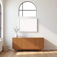 blank canvas mockup for dining room wall art display modern mid-century style textured plaster wall in soft pastel colors ideal for interior decor showcasing elegant frame design in A2 landscape forma