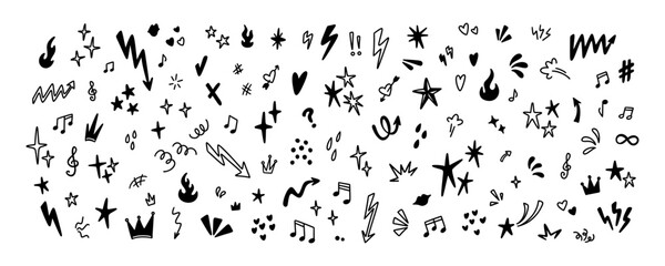 Set of handwriting doodle icons. Star, heart, twinkle, crown, glitter, emphasis crayon scribble. Emo grunge sketch. Punk rock music hand drawn background. Vector illustration in y2k style