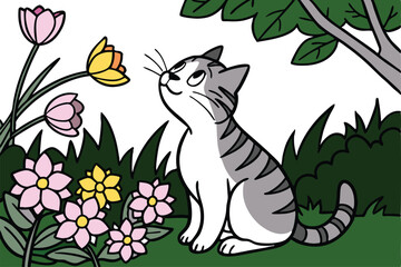 Whimsical cat among colorful garden flowers illustration